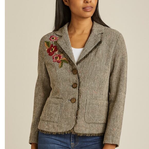 Susan Bristol Vintage Embroidered Herringbone Academia Blazer Jacket - Picture 1 of 8